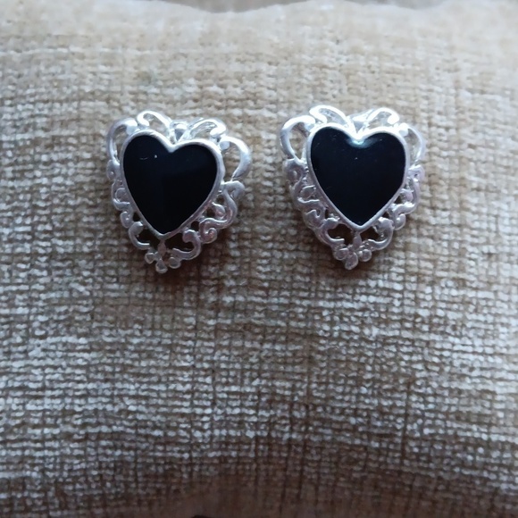 Silver Tone Black Heart Post Earrings - Picture 1 of 4